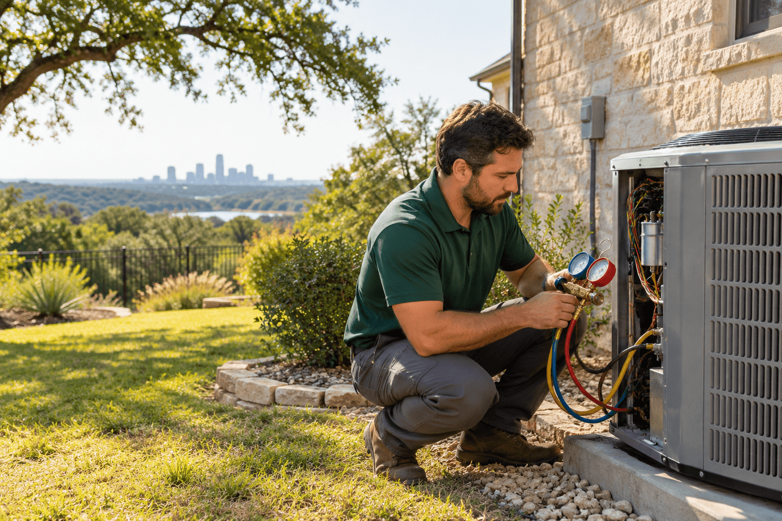 HVAC technician checking an outdoor AC unit in Austin